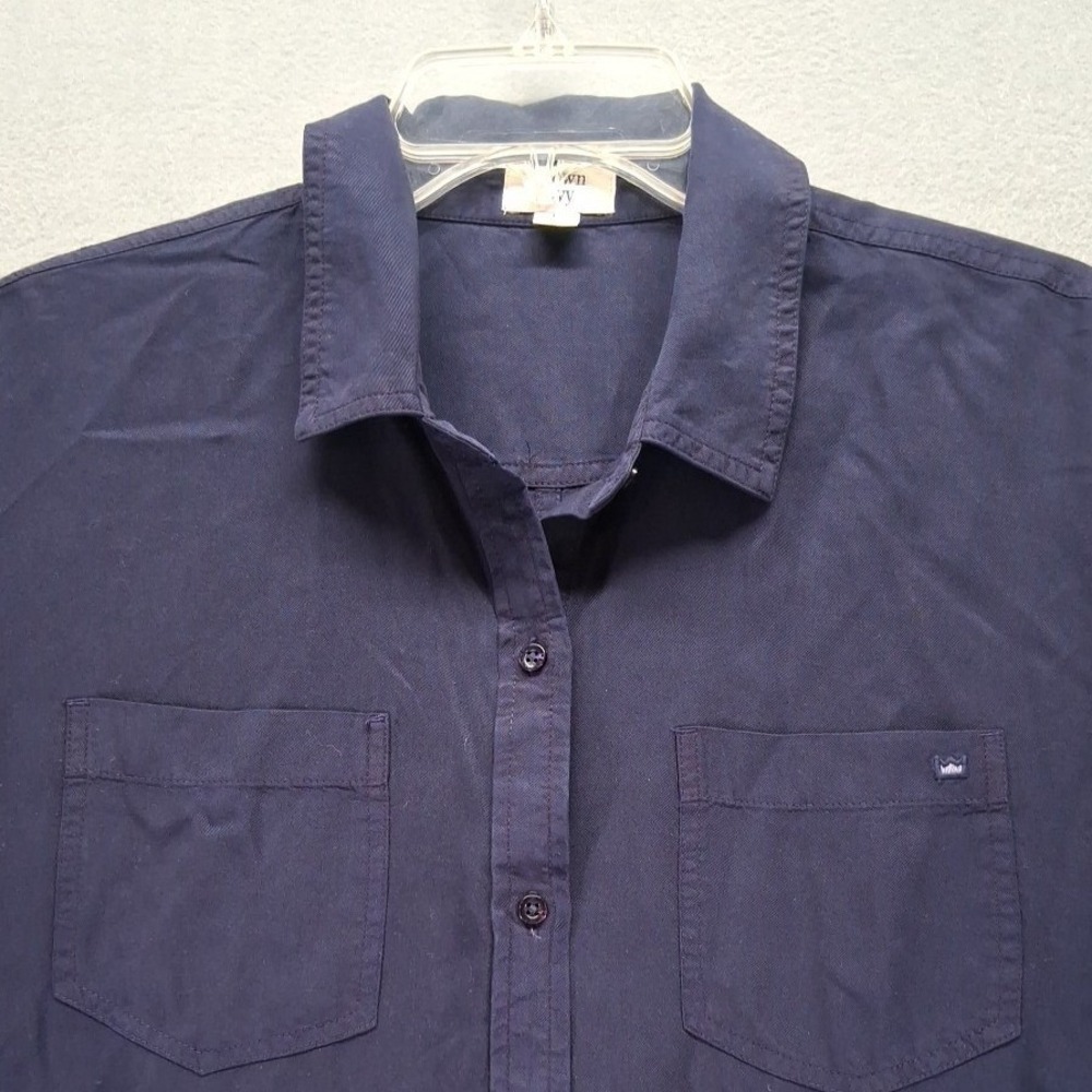 Crown & Ivy Womens Navy Blue Long Sleeve‎ Button Down Ruffle Cuff Shirt L